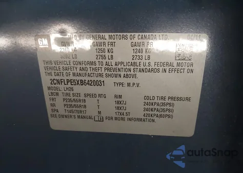 2011 Chevrolet Equinox Lt z USA, uszkodzony, nr VIN 2CNFLPE5XB6420031